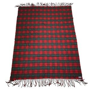 Vintage Pendleton Plaid Wool Blanket Red Green Fringe Throw 100% Virgin Wool